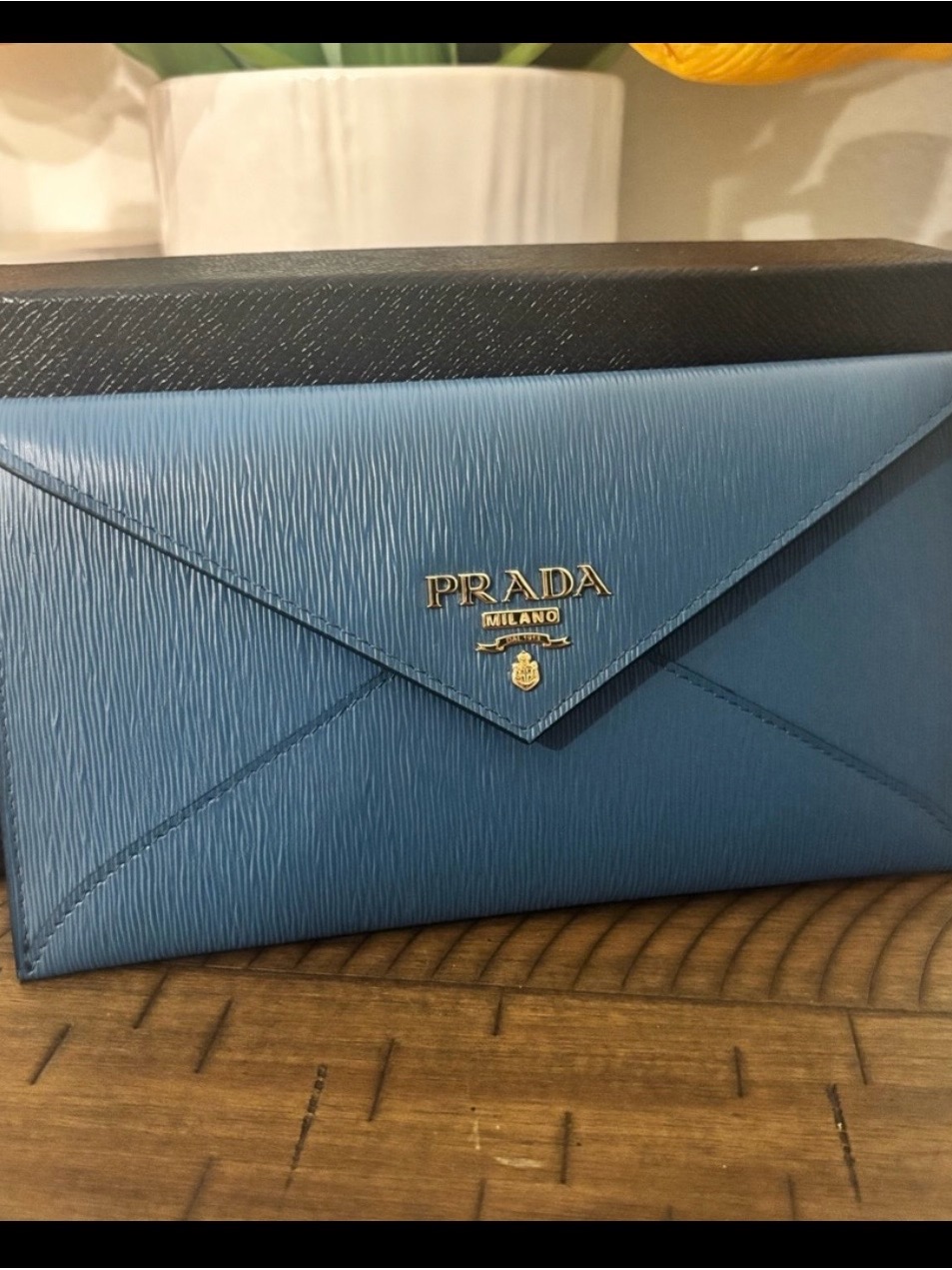 Prada Light Blue Saffiano Zip Pouch With Gold Hardware